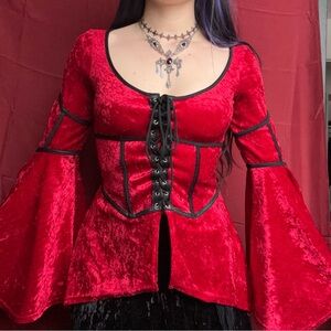 Rare vintage Lip Service crushed red velvet corset style milkmaid high low top